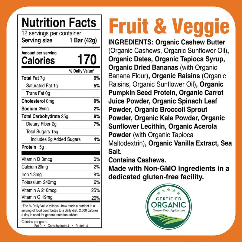 Just Great Stuff Organic Protein Bars | Superfood Fruit and Vegetable Bars | Gluten Free, Vegan, Non GMO | Organic Snacks for Adults &amp; Kids | Individually Wrapped | Fruits &amp; Veggies (12 Pack)