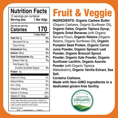 Just Great Stuff Organic Protein Bars | Superfood Fruit and Vegetable Bars | Gluten Free, Vegan, Non GMO | Organic Snacks for Adults & Kids | Individually Wrapped | Fruits & Veggies (12 Pack)