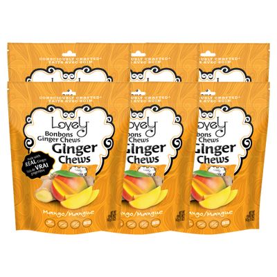 Lovely Candy Co. Mango Ginger Chews, Made with Real Ginger, Individually Wrapped, 5oz (6-Pack) | Gluten-Free, Non-GMO, NO Artificial Ingredients, NO High Fructose Corn Syrup | 4 Simple Ingredients