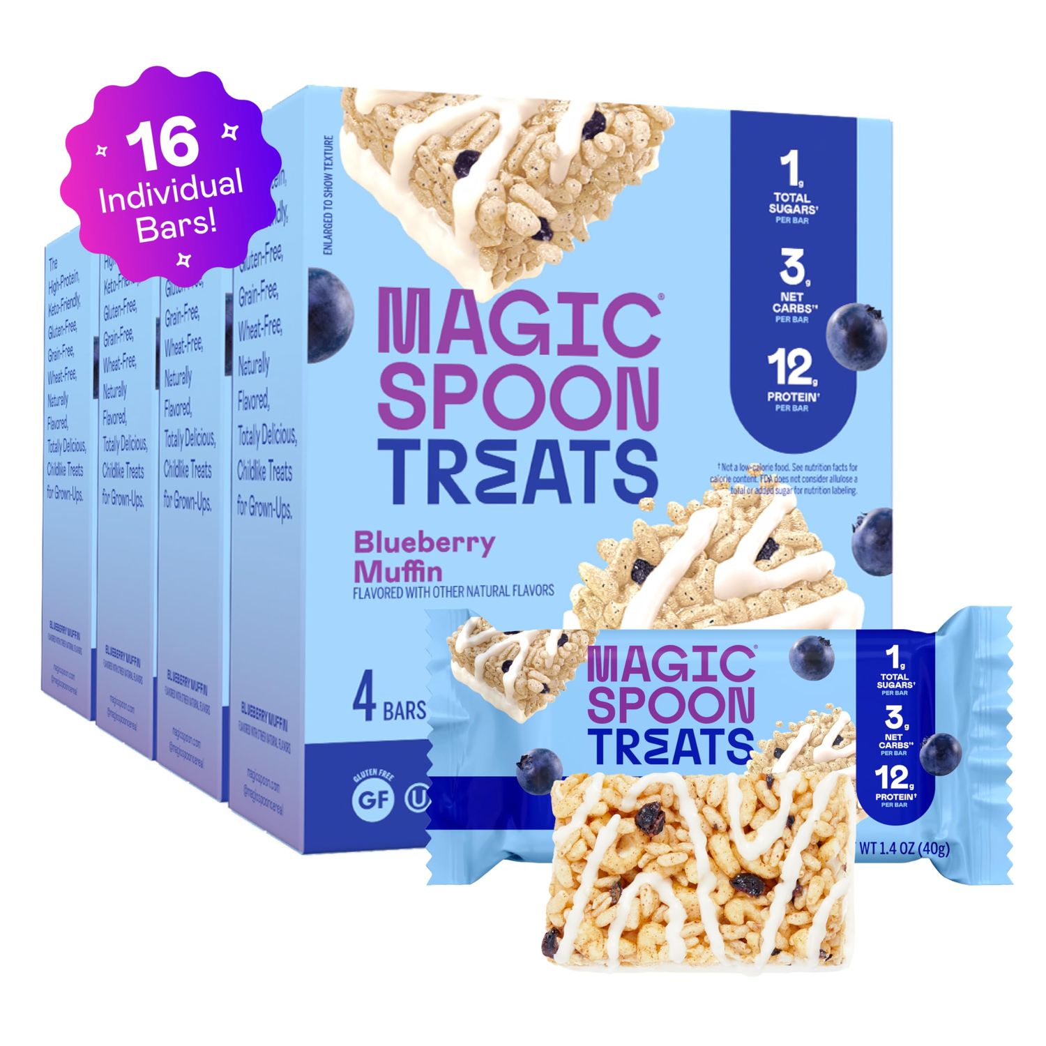 MAGIC SPOON Treats - High Protein, Low Carb, Keto Friendly, Low Sugar, Gluten Free, Crispy Protein Bar Cereal Bar, On-The-Go Healthy Snack (Blueberry Muffin, 16 Bars)