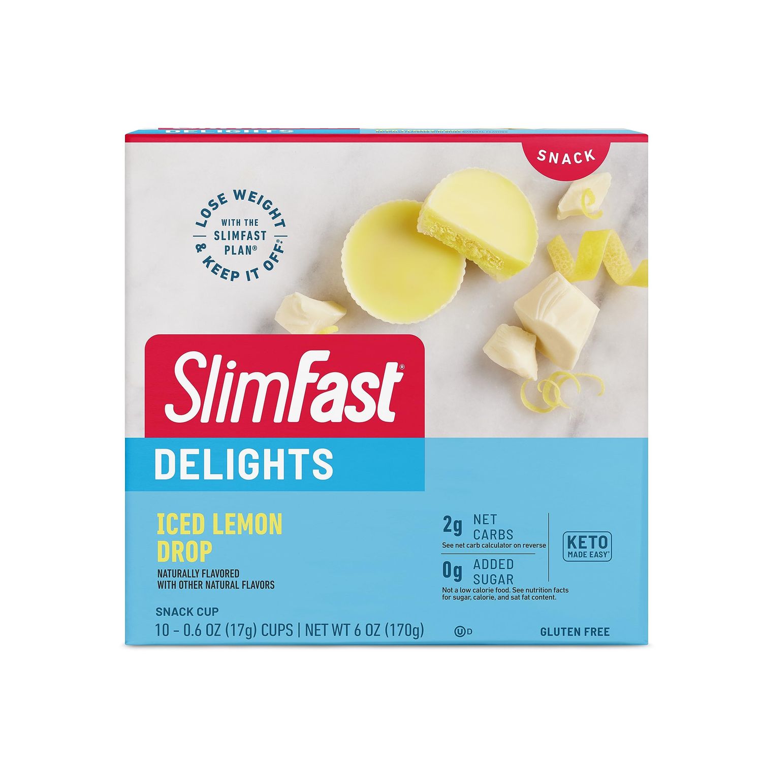 SlimFast Delights Iced Lemon Drop Snack Cup, Lemon Flavored Snacks, 0g of Sugar, 2g of Net Carbs, 10 Count