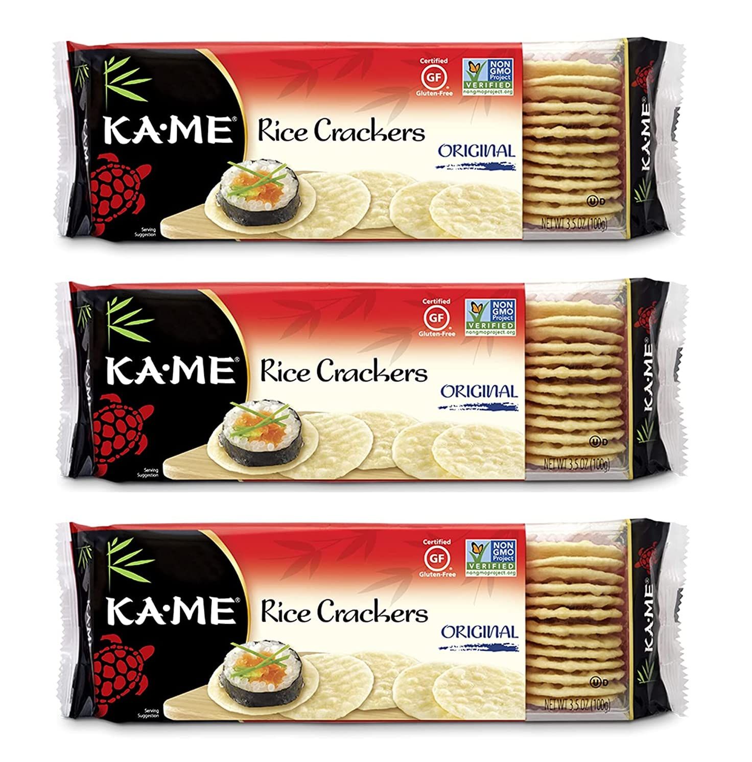 KA-ME Original Rice Crackers 3.5 oz, Authentic Asian Ingredients, Certified Gluten-Free, No Artificial FlavorsColors, Non GMO - (3 Pack)