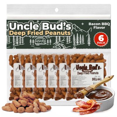Uncle Bud&#39;s Deep Fried Peanuts In Shell (6-Pack) | Bacon BBQ Flavored Peanuts, Organic Peanuts, Nuts Individual Packs, High Protein Snacks, Individual Nut Snack Packs, Flavored Nuts, Peanuts In Shell