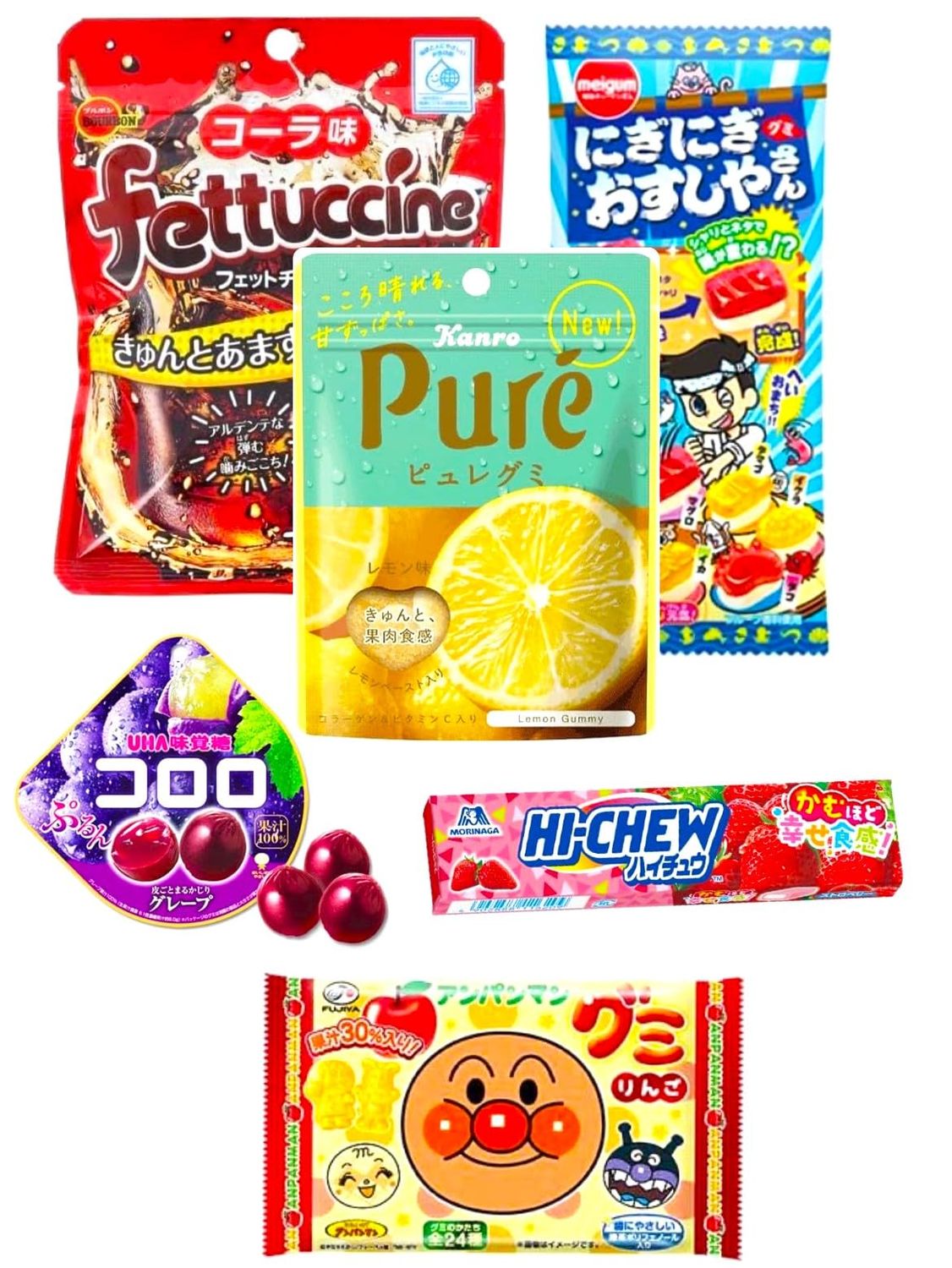 Konbini Japan - Full Bag Gummy Candy (6 Count) Japanese Sweets, Gummies, Candies, Kororo, Pure, Hi Chew, Anpanman - Pack of 6