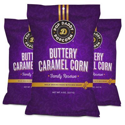 Pop Daddy Flavored Popcorn Gourmet | Buttery Caramel Flavor Popped Popcorn | Hand Seasoned Ruby Red Kernels Gluten Free Healthy Popcorn Snacks | 8oz Popcorn Individual Bags | 3 Pack Popcorn Bag