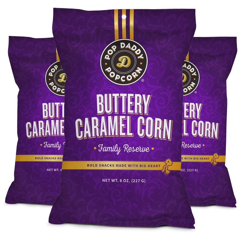 Pop Daddy Flavored Popcorn Gourmet | Buttery Caramel Flavor Popped Popcorn | Hand Seasoned Ruby Red Kernels Gluten Free Healthy Popcorn Snacks | 8oz Popcorn Individual Bags | 3 Pack Popcorn Bag
