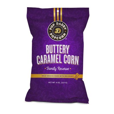 Pop Daddy Flavored Popcorn Gourmet | Buttery Caramel Flavor Popped Popcorn | Hand Seasoned Ruby Red Kernels Gluten Free Healthy Popcorn Snacks | 8oz Popcorn Individual Bags | 3 Pack Popcorn Bag