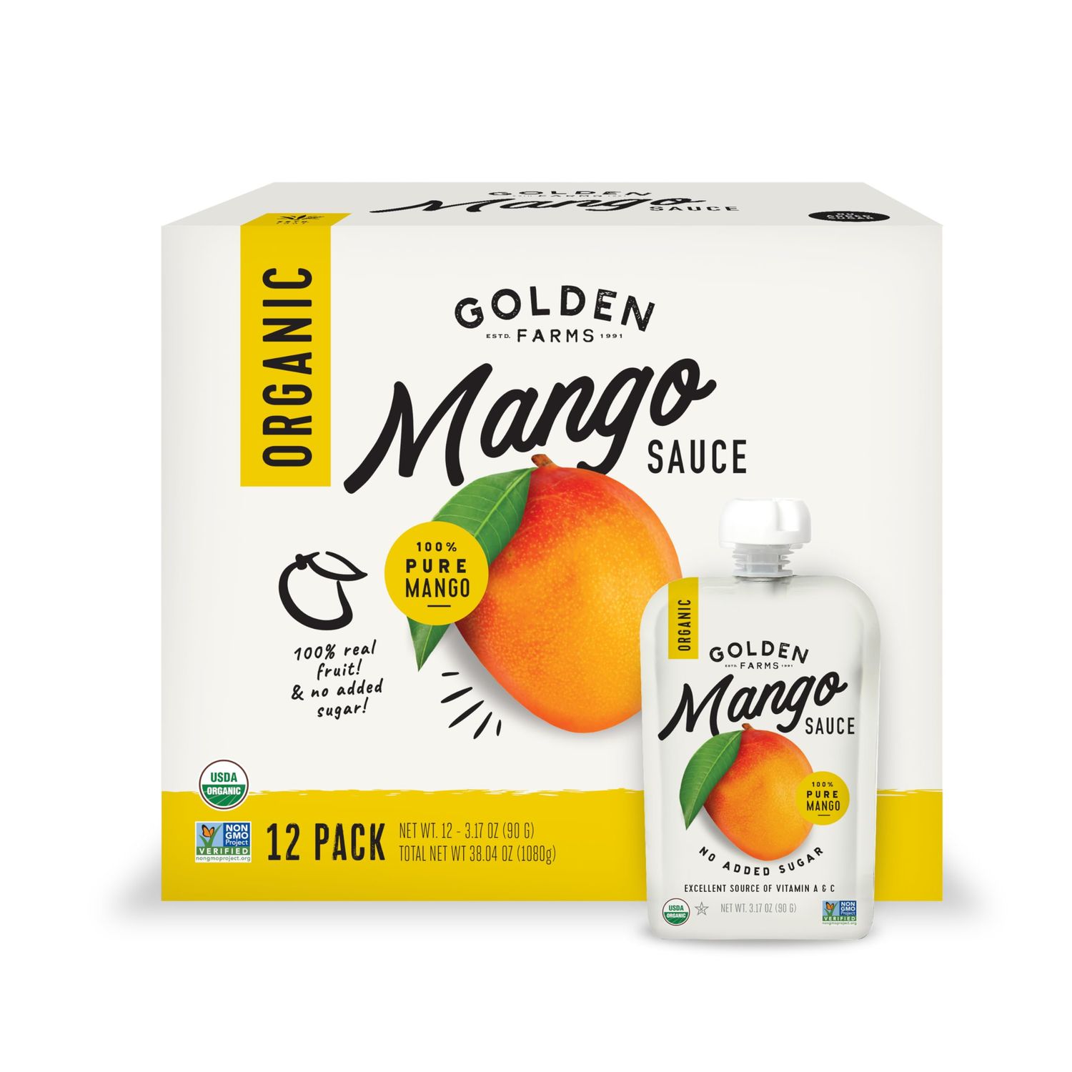 Golden Farms Mango Pouches, Single Ingredient Healthy Snacks (Pack of 12), 100% Pure Fruit, No Added Sugar, Vegan, Gluten-Free, Kosher, Organic Squeeze Pouch 3.17oz Each