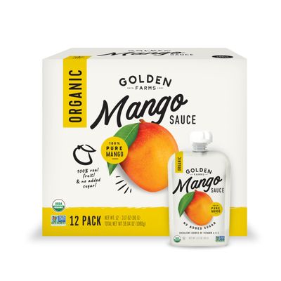 Golden Farms Mango Pouches, Single Ingredient Healthy Snacks (Pack of 12), 100% Pure Fruit, No Added Sugar, Vegan, Gluten-Free, Kosher, Organic Squeeze Pouch 3.17oz Each