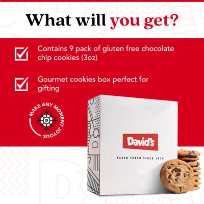 David's Cookies Gluten-Free Chocolate Chip Cookies 9-pack - Gourmet Cookies with No Added Preservatives - Fresh Bakery Dessert - Toddler and Kids Snacks for School