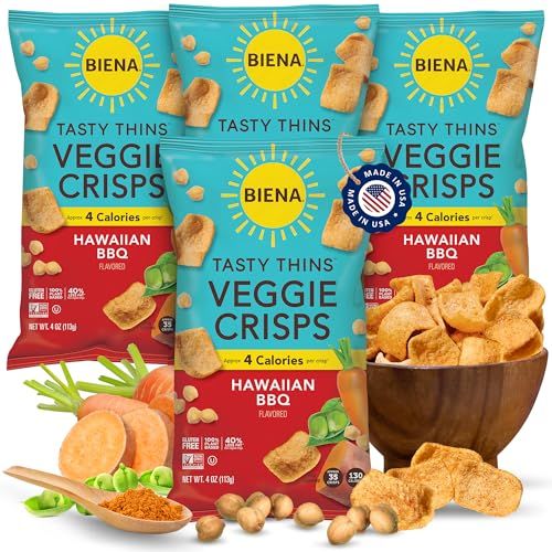 BIENA Tasty Thins Veggie Crisps - Hawaiian BBQ, 4-Pack, 4 oz Bags - Chickpeas &amp; Veggies, Vegan, Gluten Free, Dairy-Free, Non-GMO, Allergy-Friendly, Healthy Snacks for Adults and Kids