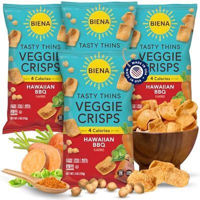 BIENA Tasty Thins Veggie Crisps - Hawaiian BBQ, 4-Pack, 4 oz Bags - Chickpeas &amp; Veggies, Vegan, Gluten Free, Dairy-Free, Non-GMO, Allergy-Friendly, Healthy Snacks for Adults and Kids
