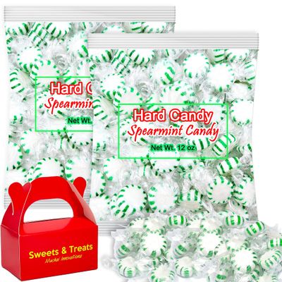 Spearmint Starlight Mints Hard Candy | Sweet Fresh &amp; Minty Taste - Individually Wrapped | Green Stripes Disc Button | Snack Desert Treat Dish Office Party Holiday Gift Deco | 2 Bags Plus Muchai Card