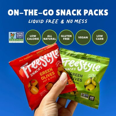 Freestyle Snacks Olive Snack Packs - Single Serve - Fresh Pitted Green Olives, Jumbo-Sized, Grown in Greece, All Natural, Non-GMO, Paleo, Sugar-Free, Keto, Salty Snack - Variety, 1.1oz (24 Pack)