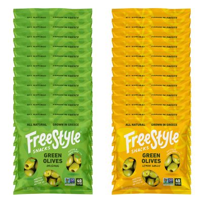 Freestyle Snacks Olive Snack Packs - Single Serve - Fresh Pitted Green Olives, Jumbo-Sized, Grown in Greece, All Natural, Non-GMO, Paleo, Sugar-Free, Keto, Salty Snack - Variety, 1.1oz (24 Pack)