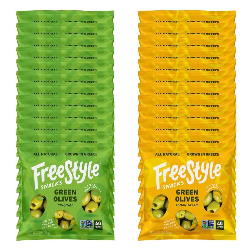 Freestyle Snacks Olive Snack Packs - Single Serve - Fresh Pitted Green Olives, Jumbo-Sized, Grown in Greece, All Natural, Non-GMO, Paleo, Sugar-Free, Keto, Salty Snack - Variety, 1.1oz (24 Pack)