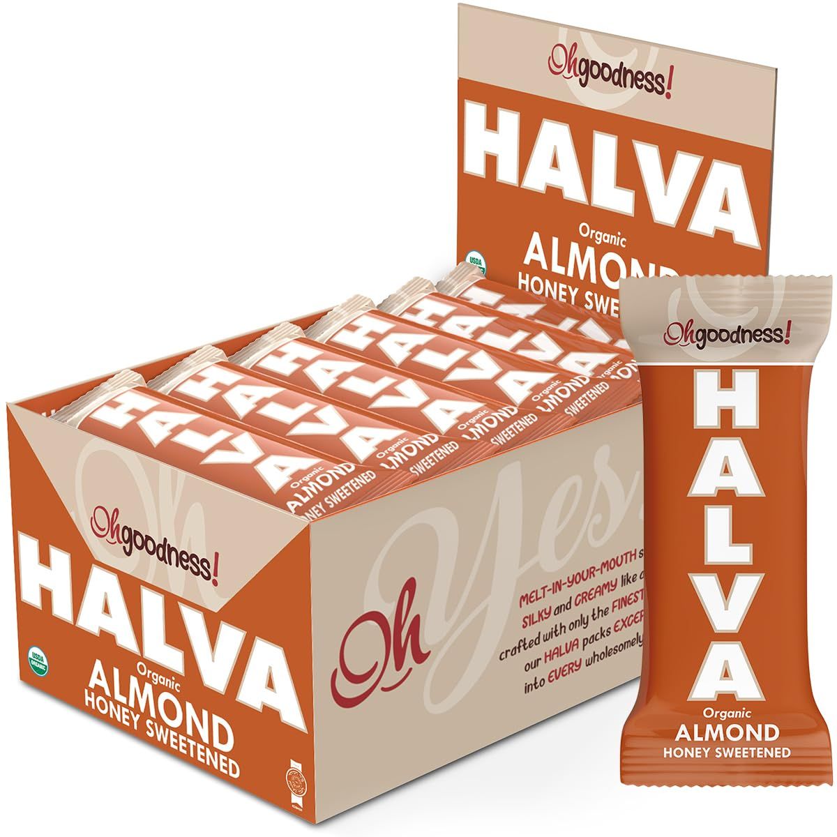 Oh, Goodness Organic Halva Bars - Paleo Approved, Almond Flavor - 16 Pack of 40g Bars, No Additives, Refined Sugar, or Artificial Sweeteners