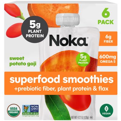 Noka Superfood Fruit Smoothie Pouches, Sweet Potato Goji, Healthy Snacks with Flax Seed, Plant Protein and Prebiotic Fiber, Vegan and Gluten Free Snacks, Organic Squeeze Pouch, 4.22 oz, 6 Count