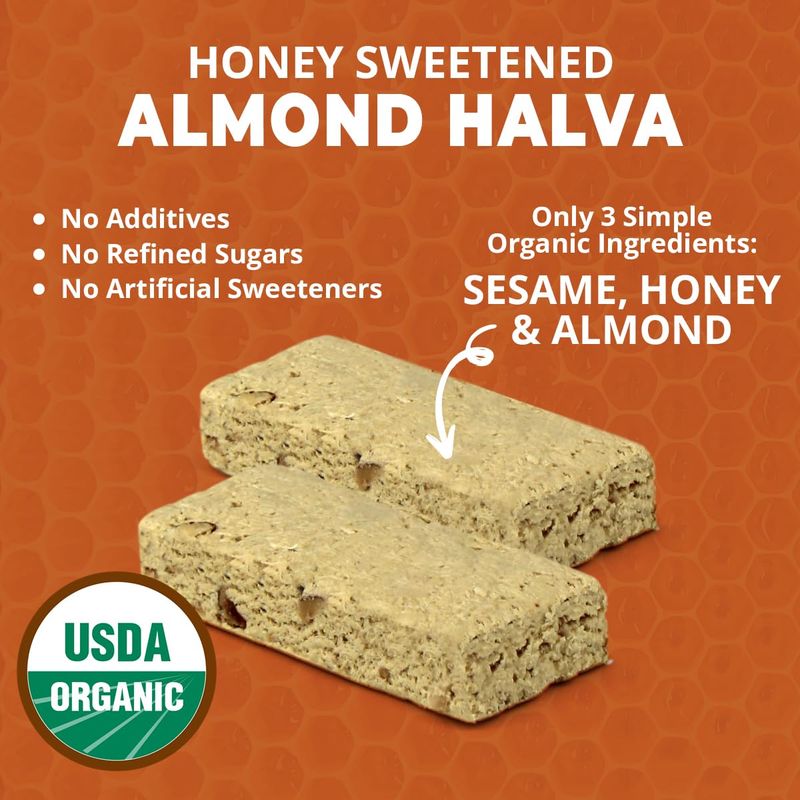 Oh, Goodness Organic Halva Bars - Paleo Approved, Almond Flavor - 16 Pack of 40g Bars, No Additives, Refined Sugar, or Artificial Sweeteners