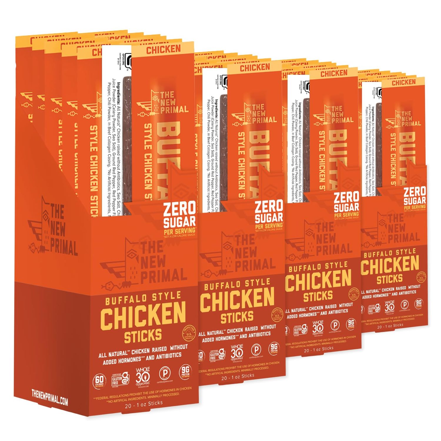 The New Primal Buffalo Chicken Sticks, Keto, Gluten Free Healthy Snacks, Sugar Free Low Carb High Protein, Jerky Meat Stick, 9g Protein, 80 Pack