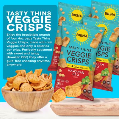 BIENA Tasty Thins Veggie Crisps - Hawaiian BBQ, 4-Pack, 4 oz Bags - Chickpeas & Veggies, Vegan, Gluten Free, Dairy-Free, Non-GMO, Allergy-Friendly, Healthy Snacks for Adults and Kids