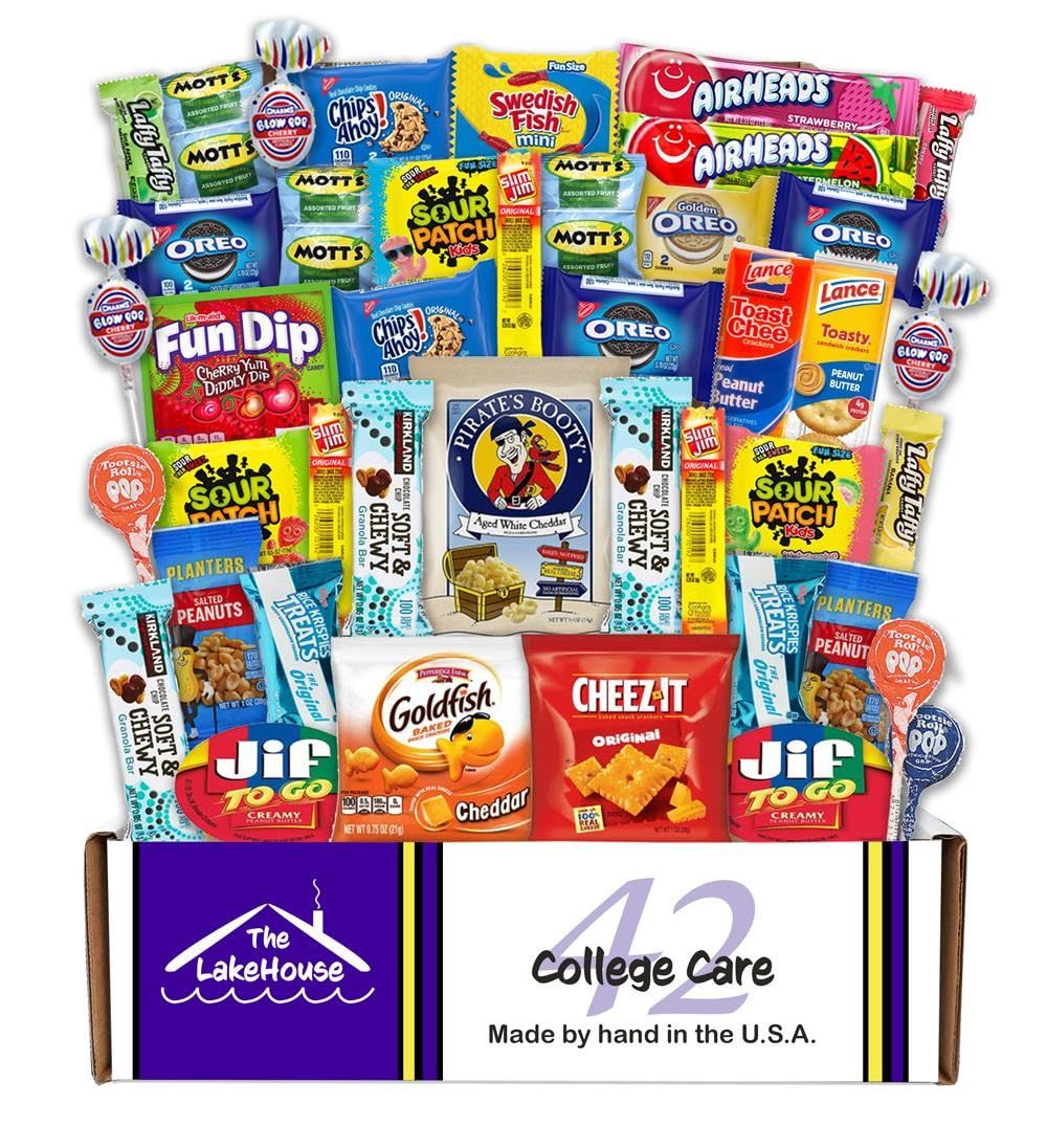 College Care Package Snack Box - 42 Count - Snack Packs for Boys Girls Men Women Students Soldiers - Camp Care Packages for College Students - Gift Basket - Snack Boxes from The LakeHouse