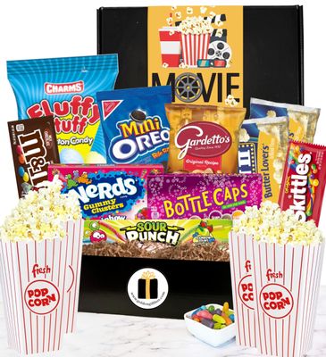 Deluxe Movie Night Gift Includes Popcorn Buckets, Popcorn, Theater Size Snacks - Perfect for College Students, Teens, Men, Kids, Date Night, Birthday (Deluxe)