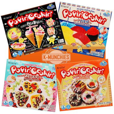 K-Munchies Kracie Popin Cookin Kits - 4 Pack Assorted Japanese Candy Making Kit Bundle - Gummy Sushi, Waffle, Cake Donut DIY Candy Kit - Easy to Follow Edible Experiments for Kids - Made in Japan