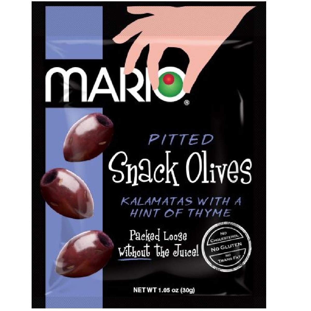 Mario Camacho Foods Pitted Snack Olives - Kalamata Olives with a Hint of Thyme - 1.05 Oz Pouches (Pack of 12)