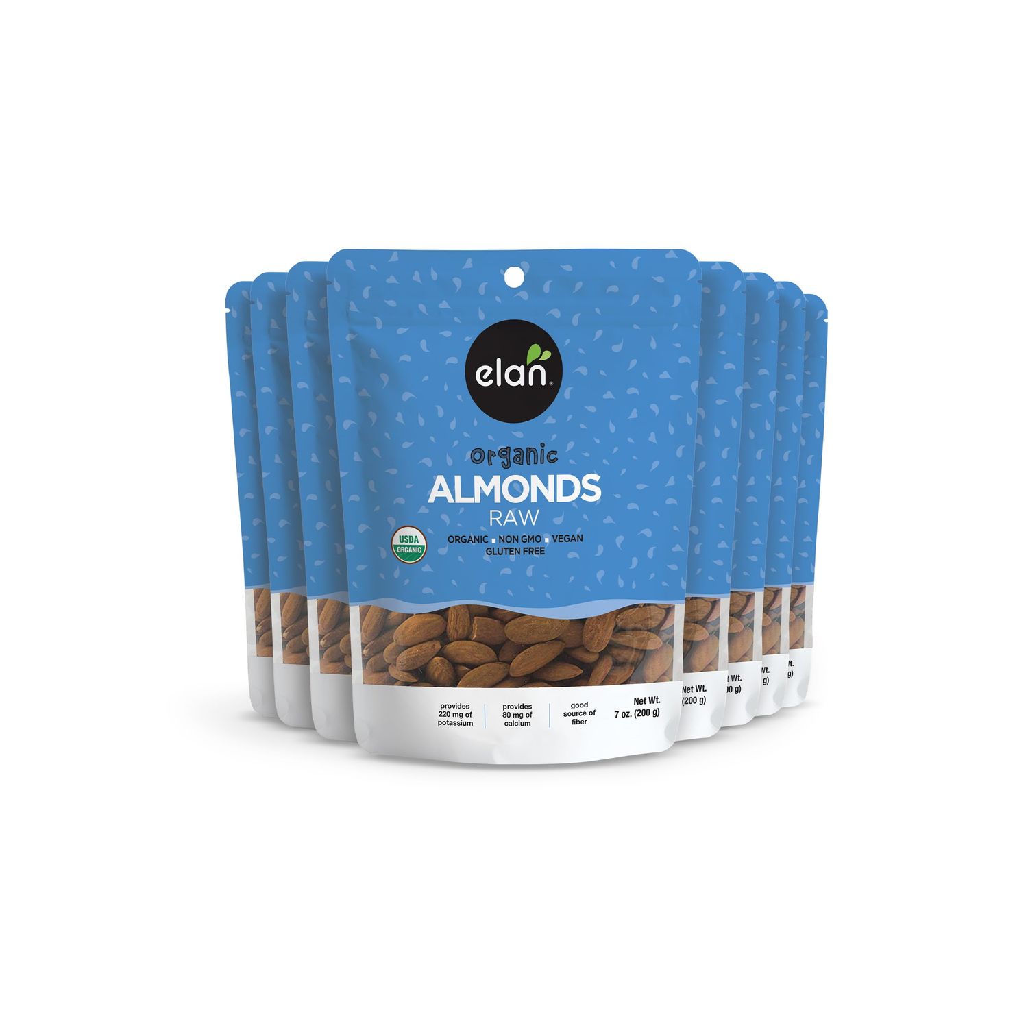 Elan Organic European Raw Almonds, 8 pack of 7.0 oz, Unsalted, Unroasted, Raw Nuts, Non-Gmo, Vegan, Gluten-Free, Kosher, Healthy Snacks