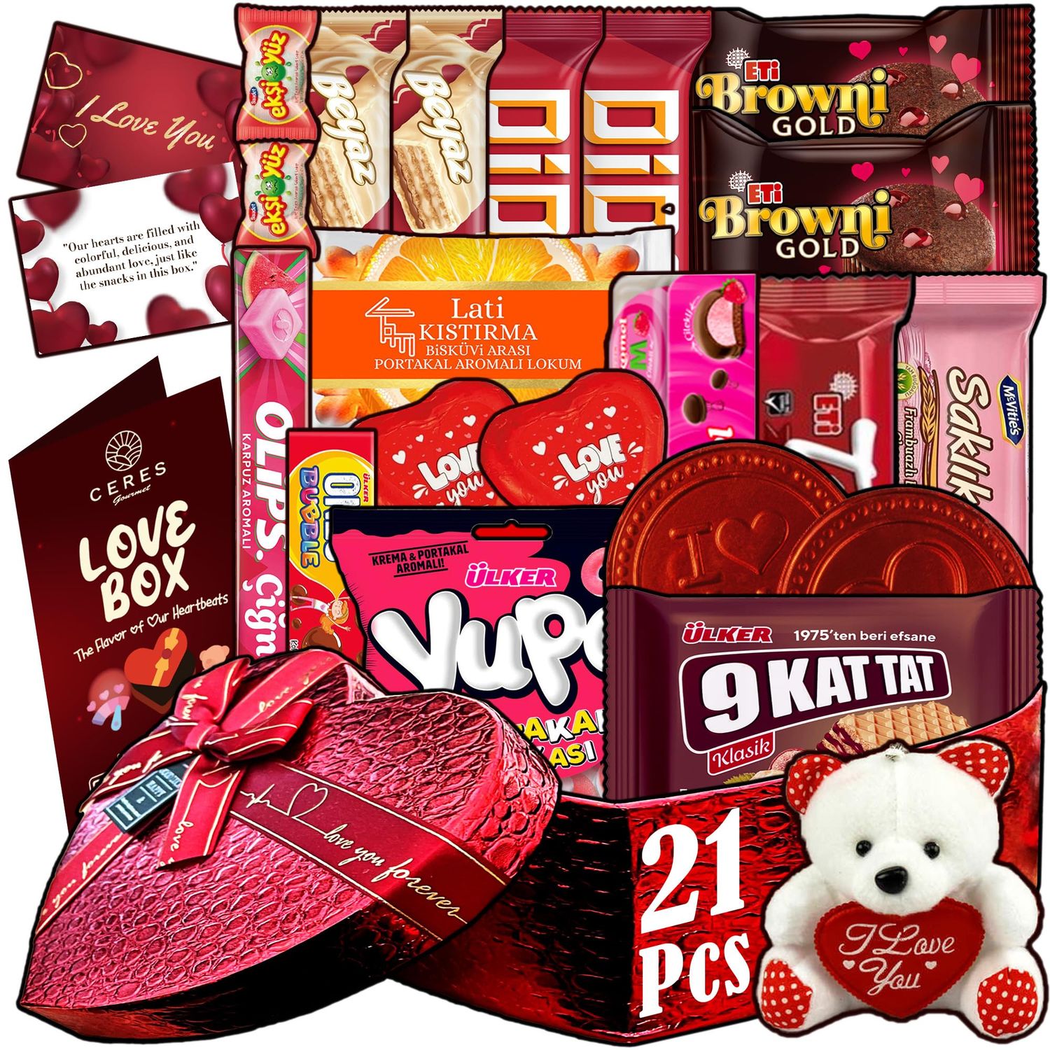 Heart Shaped International Snack Box 21 Pcs, Exotic Snack Box for Lovers and Couples, Gift for Wife, Husband, His, Her, Girlfriend, Boyfriend, Anniversary, Birthday