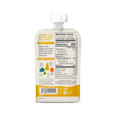 Serenity Kids 6 Months USDA Organic Veggie Puree Baby Food Pouches | No Sugary Fruits or Added Sugar | Allergen Free | 3.5 Ounce BPA-Free Pouch | Squashes | 1 Count