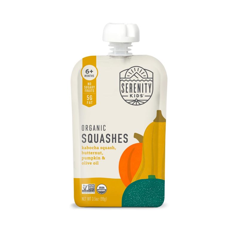 Serenity Kids 6 Months USDA Organic Veggie Puree Baby Food Pouches | No Sugary Fruits or Added Sugar | Allergen Free | 3.5 Ounce BPA-Free Pouch | Squashes | 1 Count