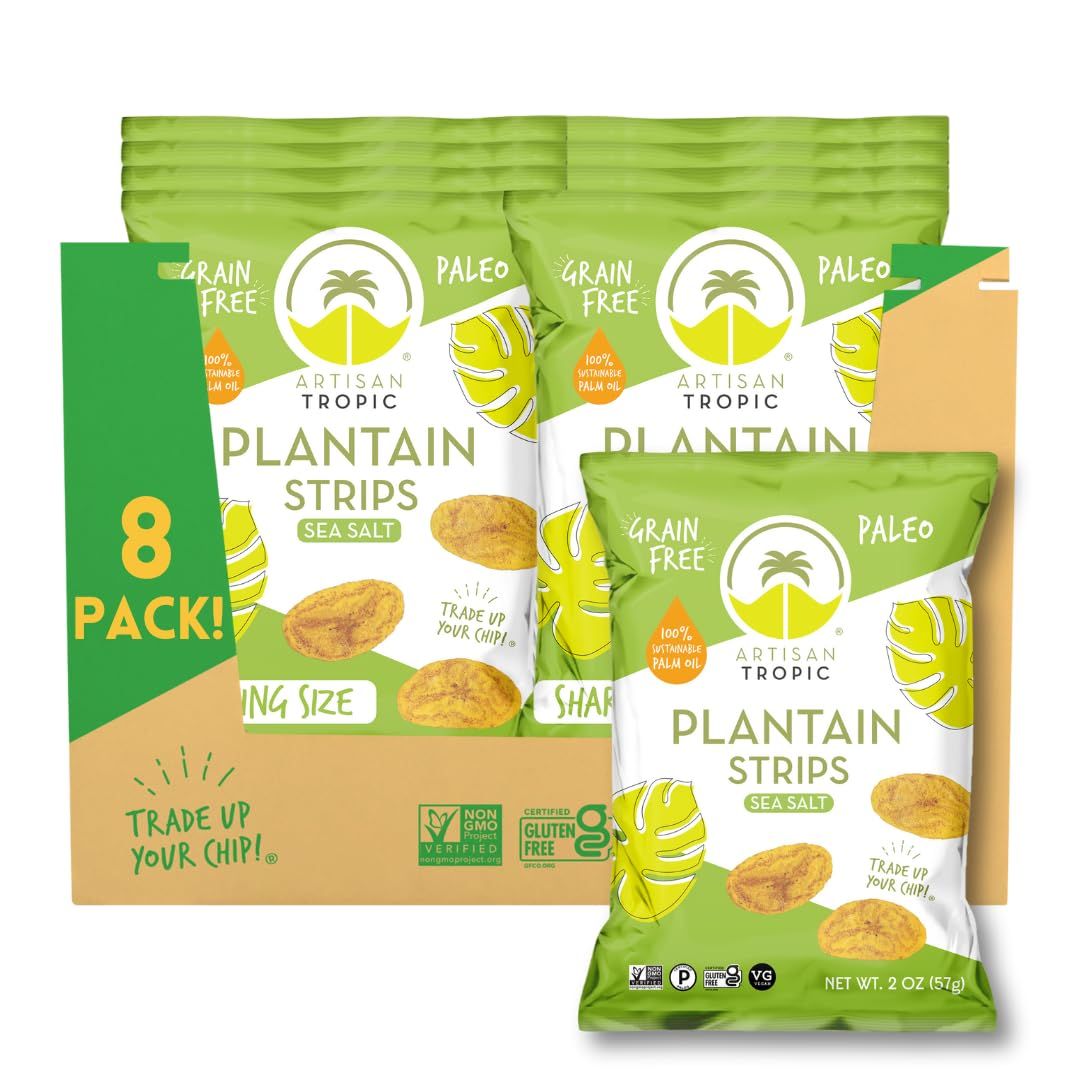 ARTISAN TROPIC Plantain Strips Sea Salt - 8 Pack, 2oz - Vegan, Paleo, Gluten Free Chips - Individual Bags Healthy Snacks for School, Gym, Kids - Whole 30 Approved Foods Baked Banana Chips
