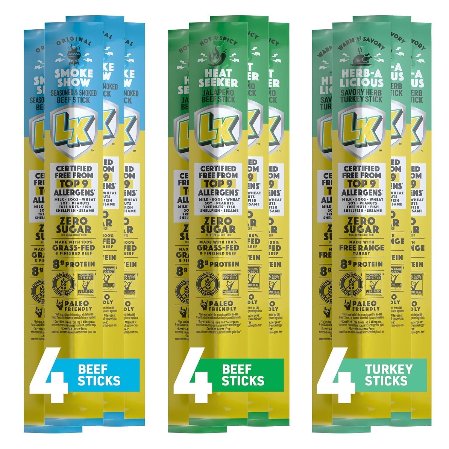 Lorissa&#39;s Kitchen Premium Grass-Fed &amp; Finished Beef &amp; Free Range Turkey Jerky Snack Sticks 12-Pack: 8g Protein, Certified Free from Top 9 Allergens, Gluten-Free, Non-GMO, Zero Sugar, Keto, Paleo