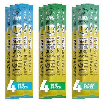 Lorissa&#39;s Kitchen Premium Grass-Fed &amp; Finished Beef &amp; Free Range Turkey Jerky Snack Sticks 12-Pack: 8g Protein, Certified Free from Top 9 Allergens, Gluten-Free, Non-GMO, Zero Sugar, Keto, Paleo