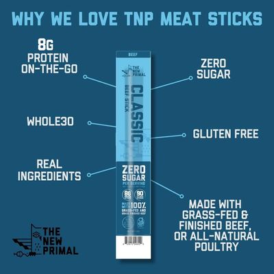 The New Primal Classic Beef Meat Stick, Whole30 Approved, Paleo, Keto, Pantry Staple, Certified Gluten Free, Low Carb, High Protein Snack, Sugar Free, Grass-fed Beef, 1 Oz, 1 Ounce (Pack of 1)