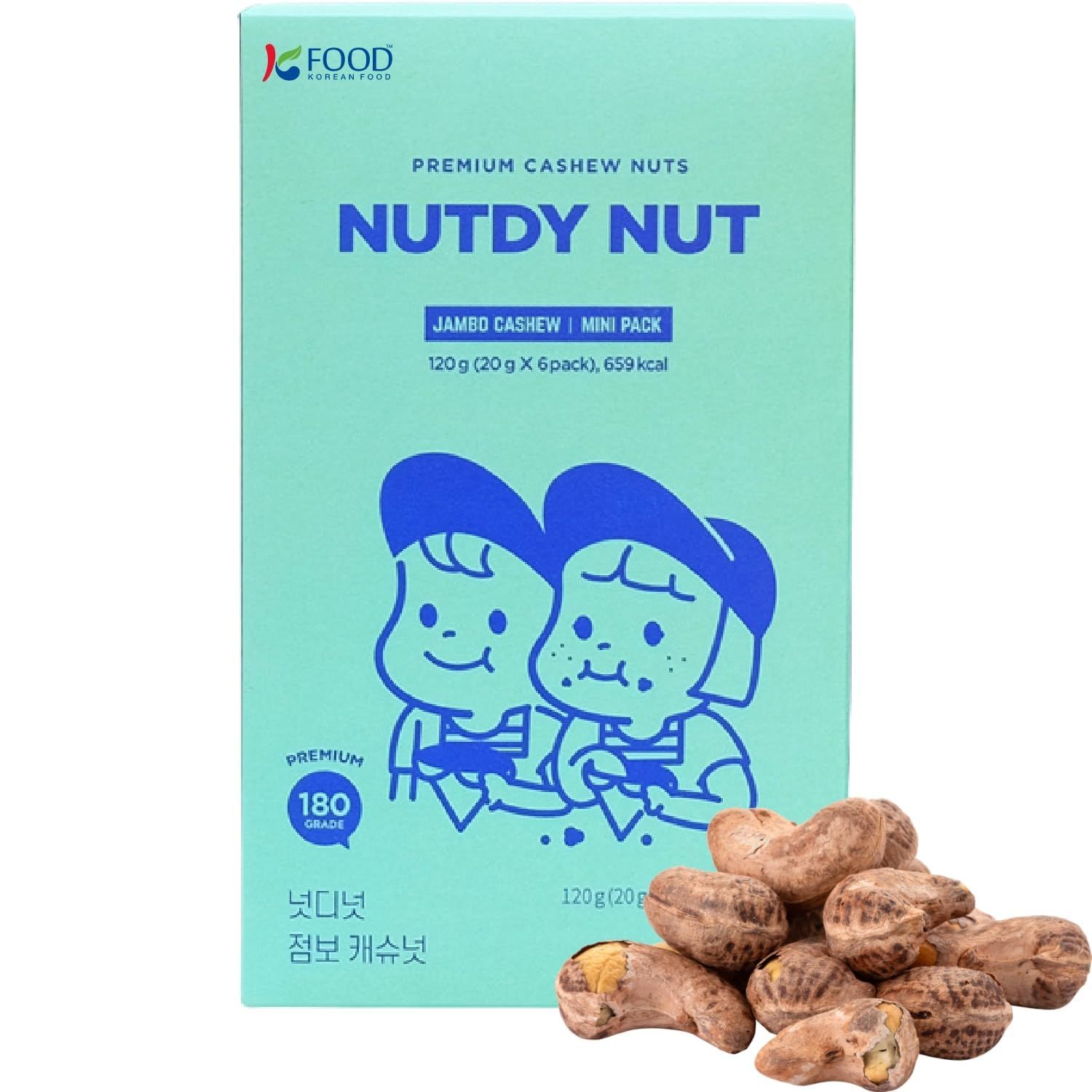 Korean Food Jumbo size Premium Cashew Nuts | NUTDY NUT Jumbo Cashew Nuts | 4.23 oz, Mini Pack of 6, 20g per serving