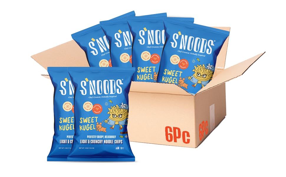 SNOODS Sweet Kugel Chips - Light &amp; Crunchy Noodle Chips - Plant-Based Protein - Vegan Snacks - Gluten-Free - Perfectly Crispy &amp; Delicious - For Adventurous Snackers - 4 oz (6 Pack)