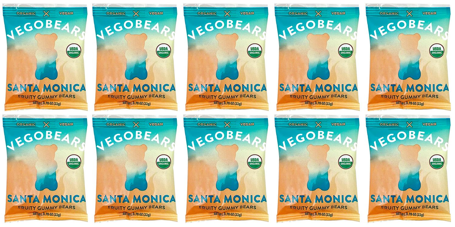 Candy People VegoBears Santa Monica Vegan Gummy Bears Snack Packs Organic Gummy Bears, Non-GMO, Banana, Pineapple &amp; Strawberry Gummies Single Serve Packs 0.78 OZ (70 Calorie Packs) (10 Pack)