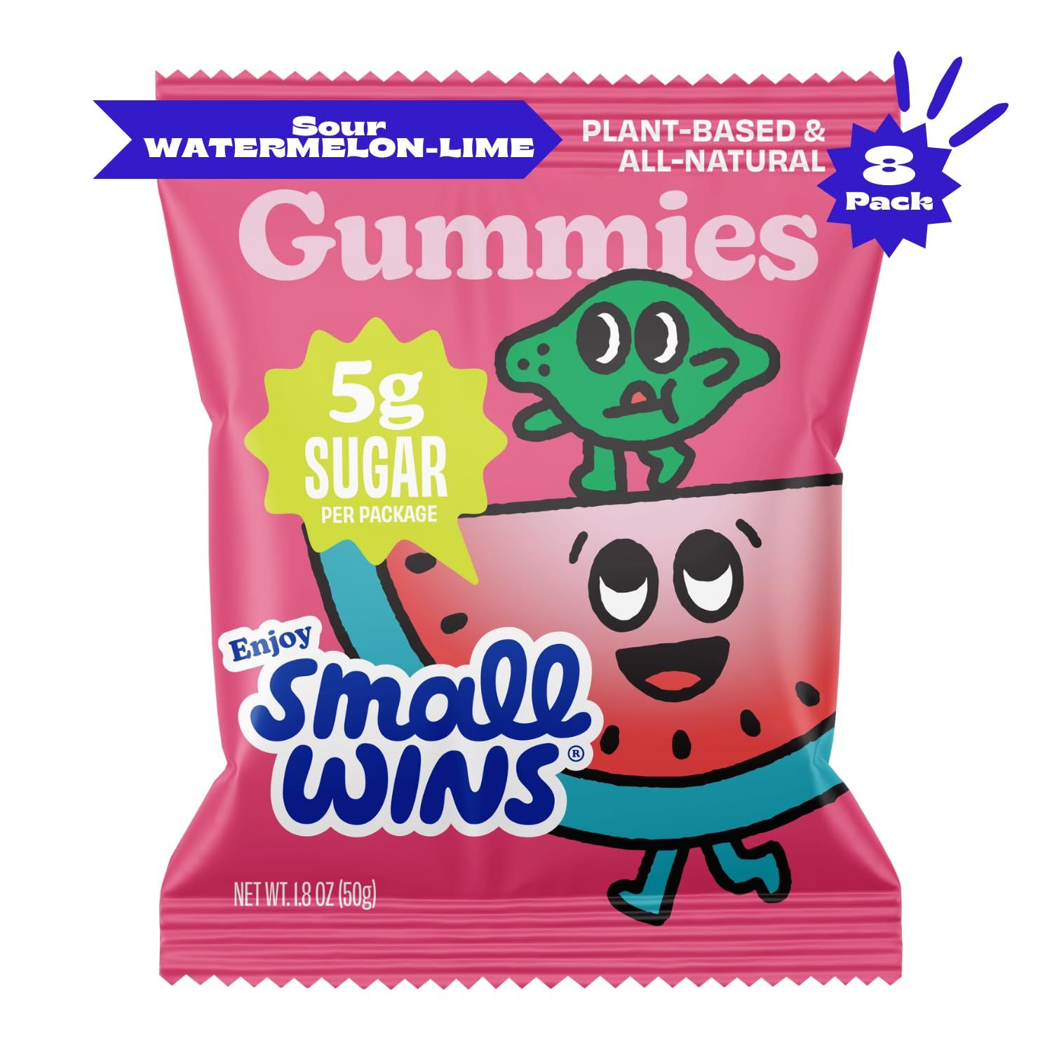 Enjoy Small Wins Candy by Jayson Tatum, Healthy Gummy Candy with Low Sugar, Low Calorie Snacks, Organic Plant-Based Ingredients, Sour Watermelon Lime Flavor, 1.8 OZ, Pack of 8