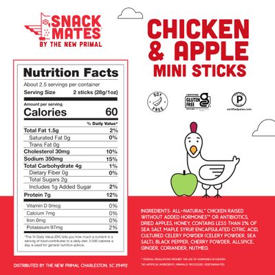 The New Primal Snack Mates Chicken & Apple Sticks, Gluten Free Healthy Snacks for Kids, Low Sugar High Protein Back to School Snacks, Mini Paleo Jerky Meat Stick, 7g Protein, 60 Calories, 10 Pack