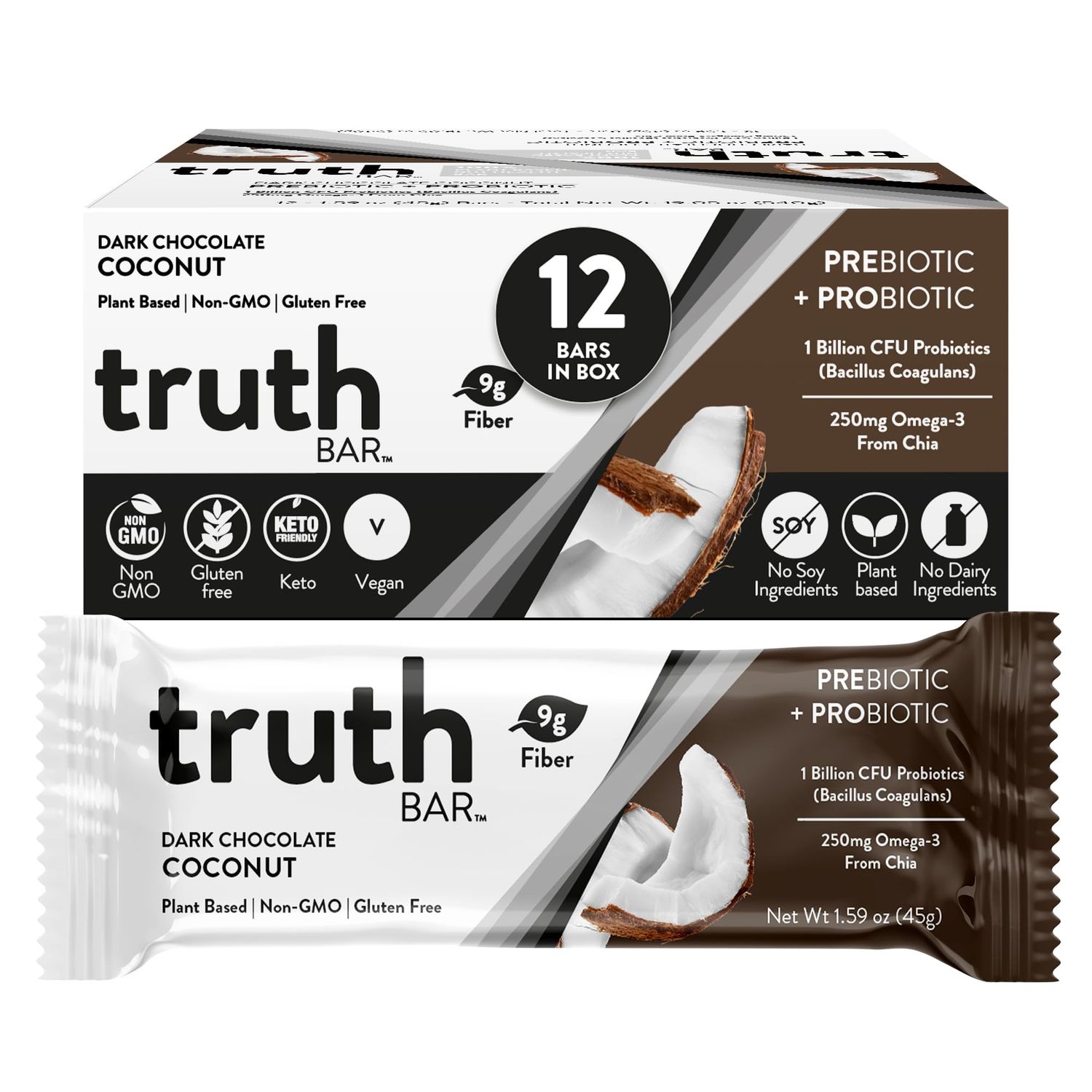 Truth Bar Prebiotic &amp; Probiotic Keto Snack Vegan Bars with Omega-3&#39;s - Synbiotic High Fiber Snacks - Low Sugar, Kosher, Gluten Free - Dark Chocolate Coconut (Pack of 12)