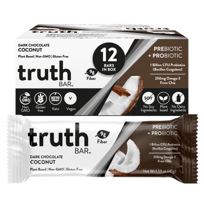 Truth Bar Prebiotic &amp; Probiotic Keto Snack Vegan Bars with Omega-3&#39;s - Synbiotic High Fiber Snacks - Low Sugar, Kosher, Gluten Free - Dark Chocolate Coconut (Pack of 12)