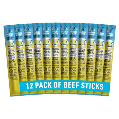 Lorissa&#39;s Kitchen Premium Grass-Fed &amp; Finished Beef Jerky Snack Sticks 12-Pack: Original Smoked Flavor, 8g Protein, Certified Free from Top 9 Allergens, Gluten-Free, Non-GMO, Zero Sugar, Keto, Paleo