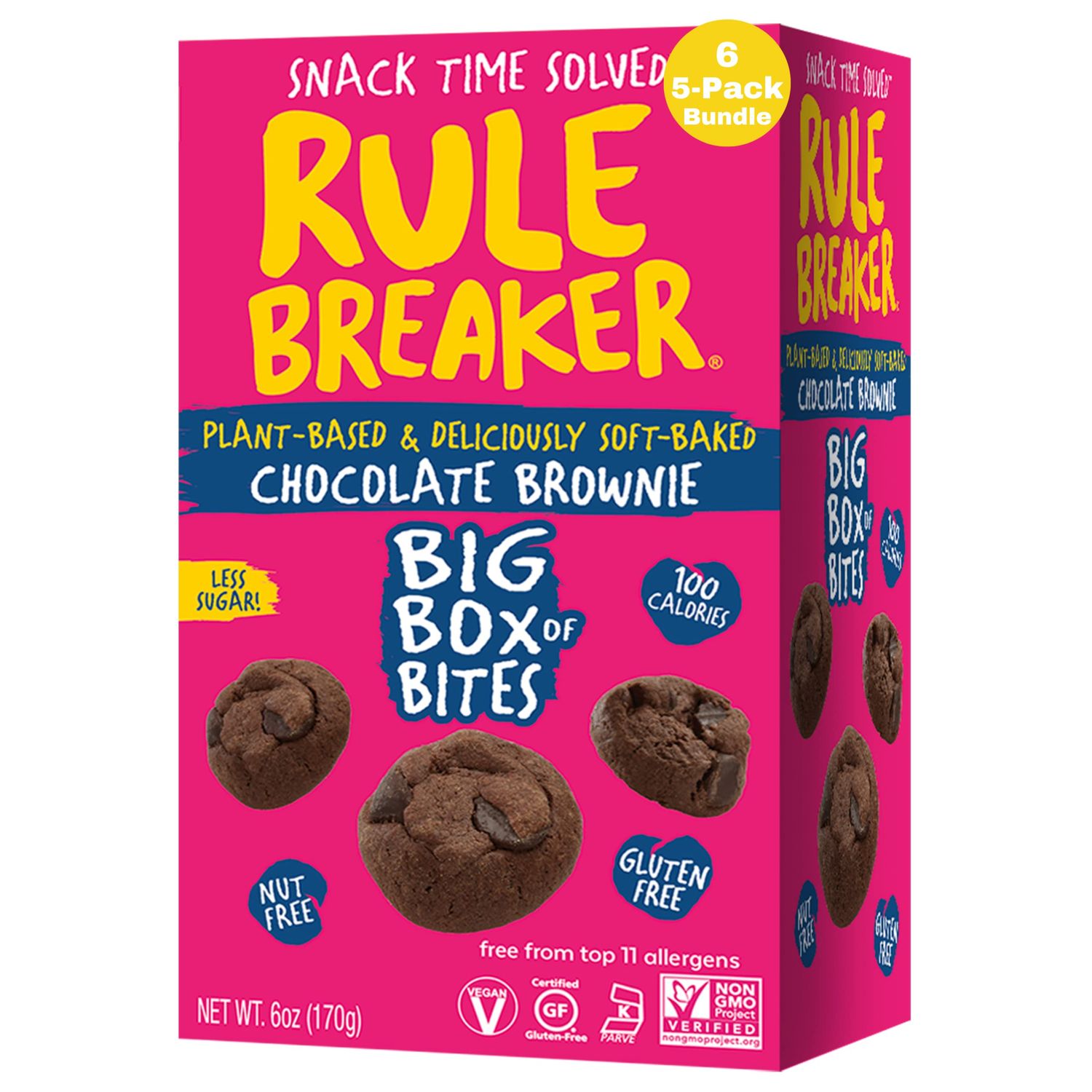 Rule Breaker Snacks Big Box of Brownie Bites | Vegan, Gluten-Free, Top 11 Allergen-Free | Great for School, Office, Pantry | Soft-Baked, Better-For-You | Pack of 6 6-oz Bags