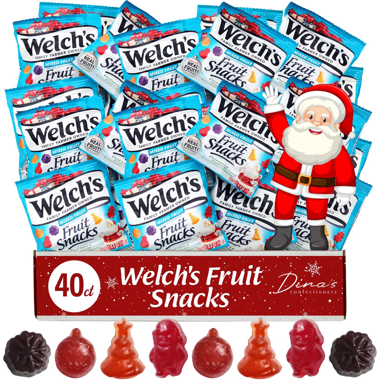 Welch Fruit Snacks, Christmas Gummies, 40 Count Holiday Candy Stocking Stuffers, Gluten Free Mixed Fruit Flavors (Bag Filled, 40, Count)