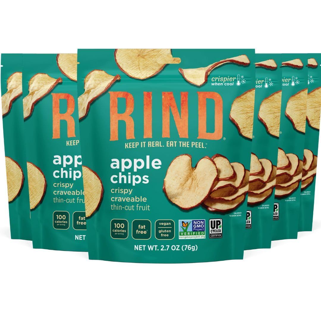 RIND Snacks | Unsweetened Apple Chips | 100% Sweet Fuji Apple | Naturally Sweet | Skin-On Crispy Dried Fruit Chips | USA Grown | Fiber-Rich | Vegan | Kosher | Paleo | Fruit Snacks | 2.7 oz | 6 Pack