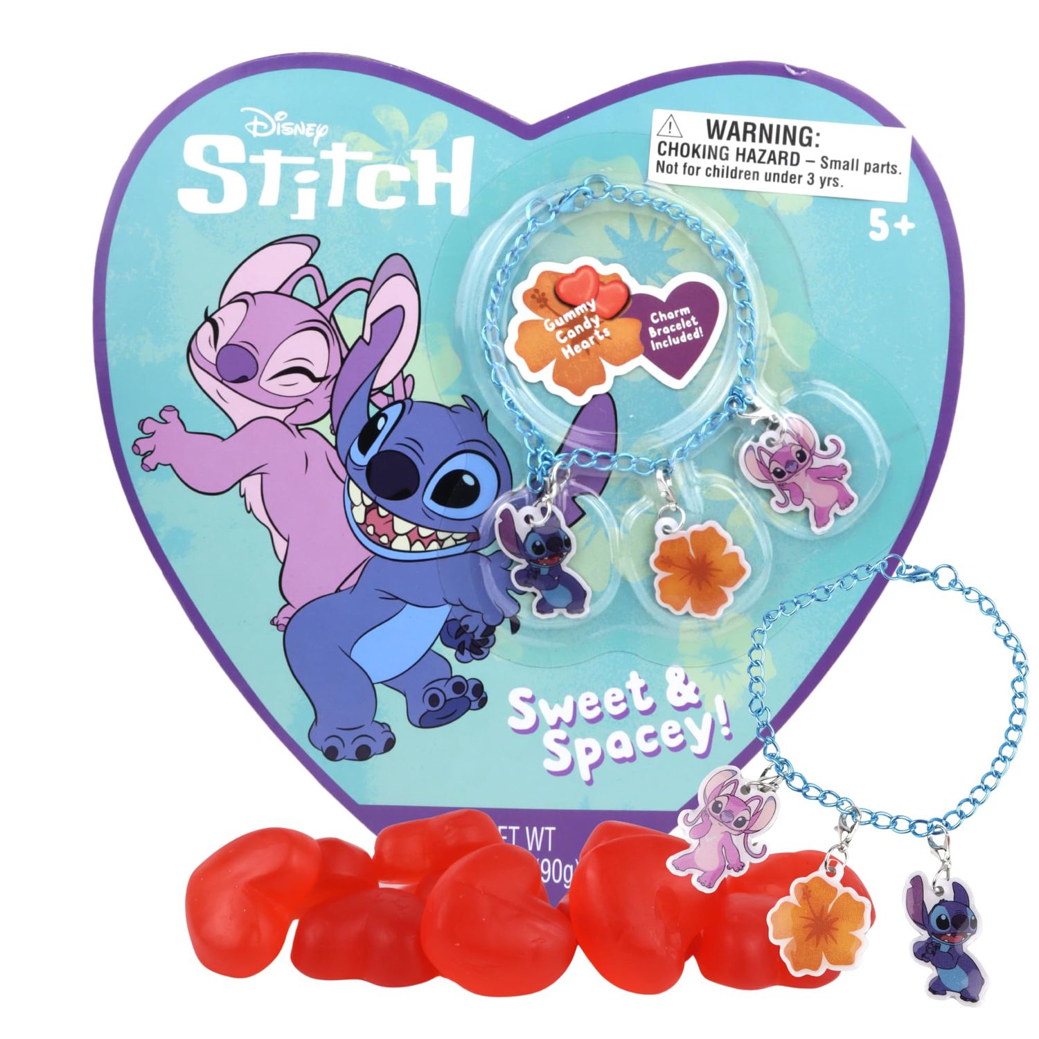 Disney Stitch Heart Box with Gummy Candies and Charm Bracelet, Valentines Day Gift Set, 3.17 Ounces