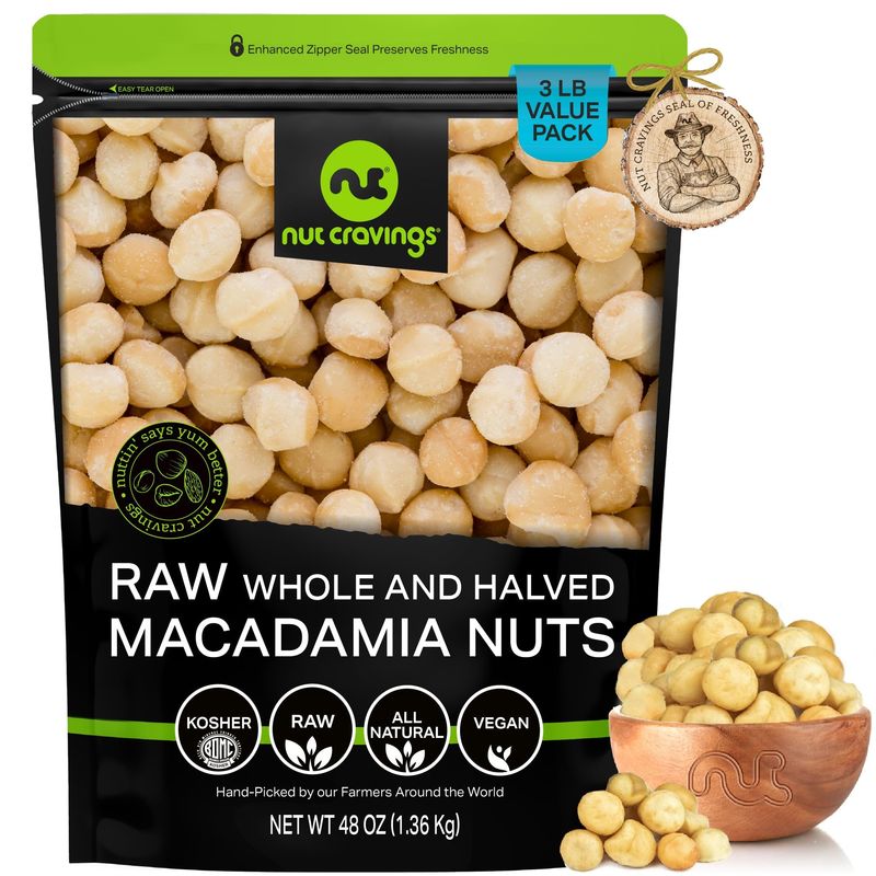 NUT CRAVINGS - Raw Macadamia Nuts, Unsalted, Shelled, Whole and Halved, (48oz - 3 LB) Bulk Nuts Packed Fresh in Resealable Bag - Kosher Healthy Snack, Natural Keto Vegan -